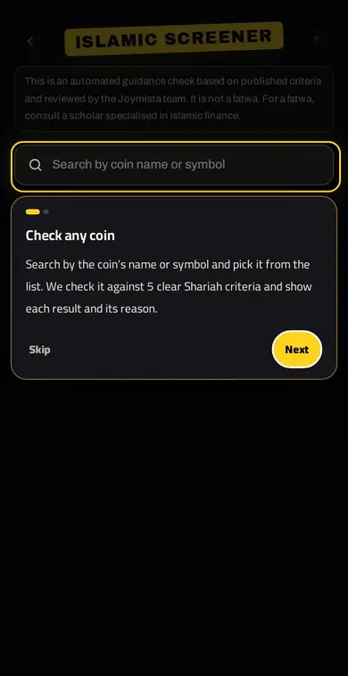 ISLAMIC SCREENER — Check coins against Shariah criteria