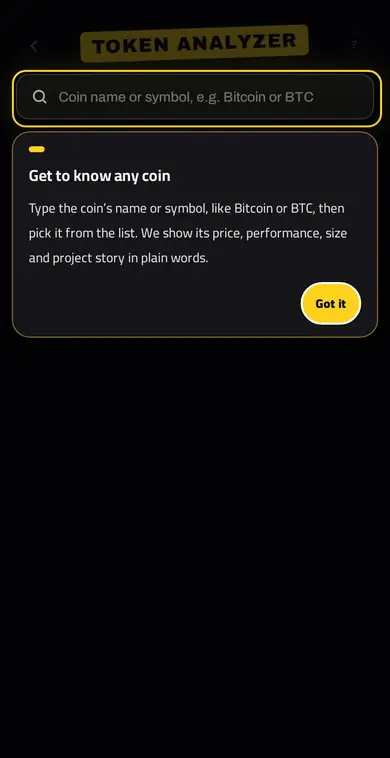 TOKEN ANALYZER — بطاقة تحليل لأي عملة رقمية